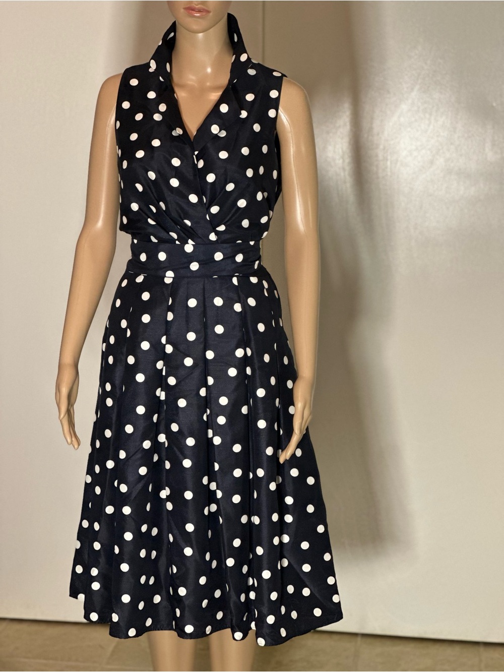 Jessica Howard Navy and White Polka Dot Sleeveless Midi Dress